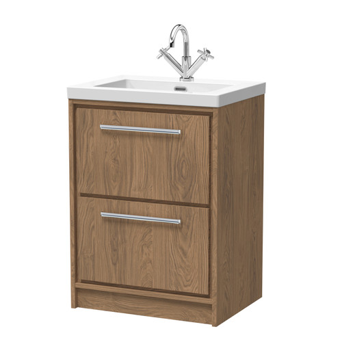Hudson Reed Lille Antique Oak Woodgrain 600mm 2 Drawer Vanity Unit and Minimalist Fireclay Basin - LIL2733L Main Image