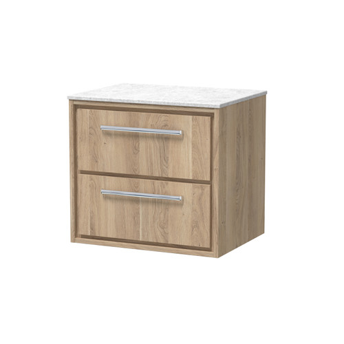 Hudson Reed Lille Bleached Oak Woodgrain 600mm Wall Hung 2 Drawer Vanity Unit with White Marble Worktop - LIL3024WMT Main Image