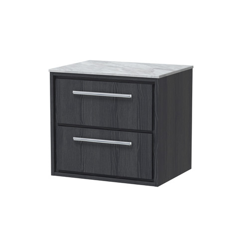 Hudson Reed Lille Graphite Grey Woodgrain 600mm Wall Hung 2 Drawer Vanity Unit with Grey Marble Worktop - LIL2224GMT Main Image