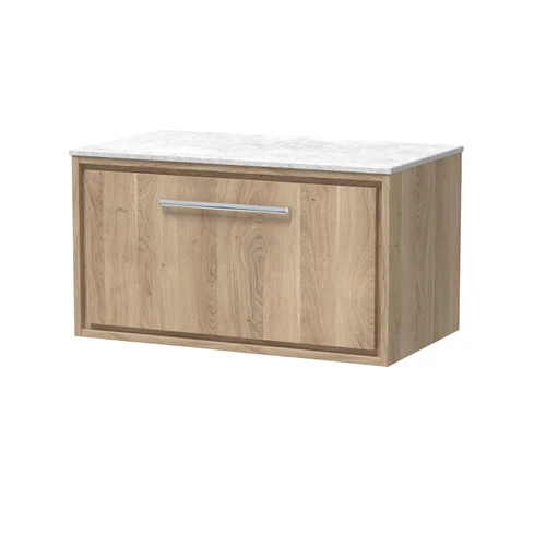 Hudson Reed Lille Bleached Oak Woodgrain 800mm Wall Hung Single Drawer Vanity Unit with White Marble Worktop - LIL3025WMT Main Image
