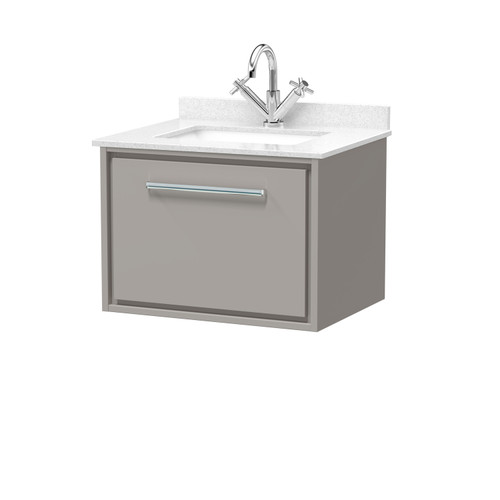 Hudson Reed Lille Matt Pebble Grey 600mm Wall Hung Single Drawer Vanity Unit with White Marble Countertop and Square Ceramic Basin - LIL3222WS1 Main Image