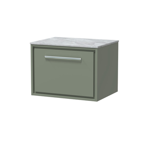 Hudson Reed Lille Matt Fern Green 600mm Wall Hung Single Drawer Vanity Unit with Grey Marble Worktop - LIL3122GMT Main Image