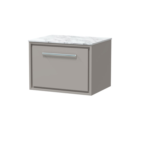 Hudson Reed Lille Matt Pebble Grey 600mm Wall Hung Single Drawer Vanity Unit with Carrera Marble Worktop - LIL3222CMT Main Image