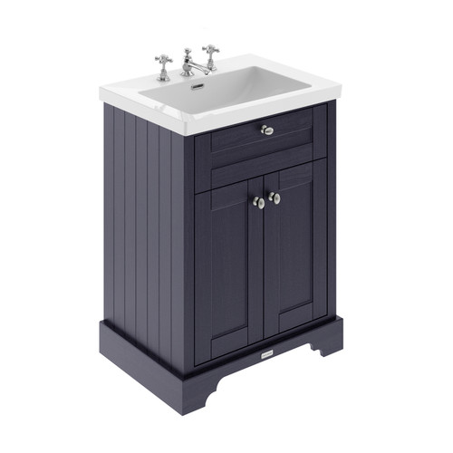 Old London Twilight Blue Woodgrain 600mm 2 Door Vanity Unit and Minimalist 3 Tap Hole Fireclay Basin - LOF390 Main Image