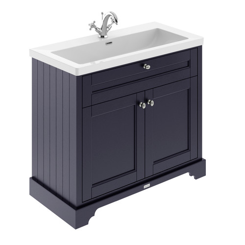 Old London Twilight Blue Woodgrain 1000mm 2 Door Vanity Unit and Minimalist Fireclay Basin - LOF388 Main Image