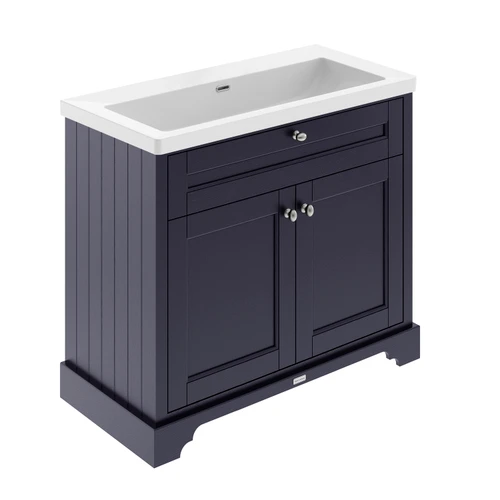 Old London Twilight Blue Woodgrain 1000mm 2 Door Vanity Unit and Minimalist Fireclay Basin - LOF392 Main Image