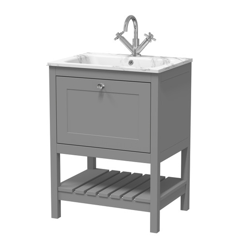Old London Bexley Matt Cool Grey 600mm Single Drawer Vanity Unit and Carrera Marble Stone Basin - BEX225Q Main Image