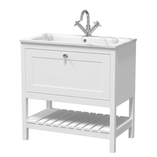 Old London Bexley Matt Pure White 800mm Single Drawer Vanity Unit and Carrera Marble Stone Basin - BEX127Q Main Image