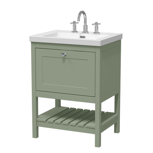 Old London Bexley Matt Fern Green 600mm Single Drawer Vanity Unit and Minimalist 3 Tap Hole Fireclay Basin - BEX825M Main Image