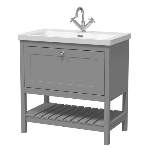Old London Bexley Matt Cool Grey 800mm Single Drawer Vanity Unit and Minimalist Fireclay Basin - BEX227L Main Image