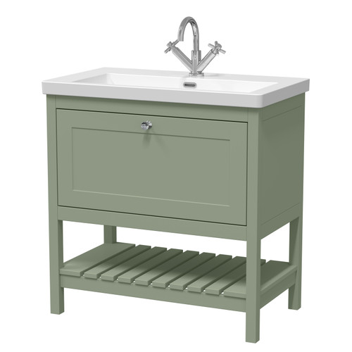 Old London Bexley Matt Fern Green 800mm Single Drawer Vanity Unit and Minimalist Fireclay Basin - BEX827L Main Image