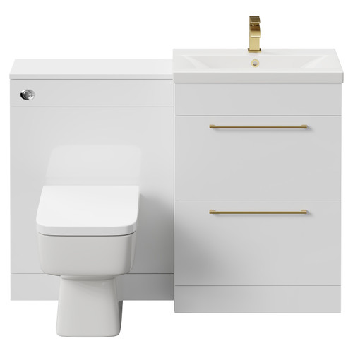 Napoli Cento 390 Gloss White 1200mm Vanity Unit Toilet Suite with 1 Tap Hole Basin and 2 Doors with Brushed Brass Handles Front View