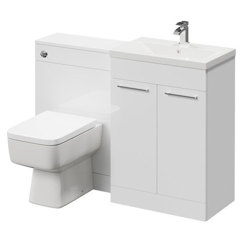 Napoli Cento 390 Gloss White 1200mm Wall Mounted Vanity Unit Toilet Suite with 1 Tap Hole Basin and 2 Drawers with Polished Chrome Handles Right Hand View