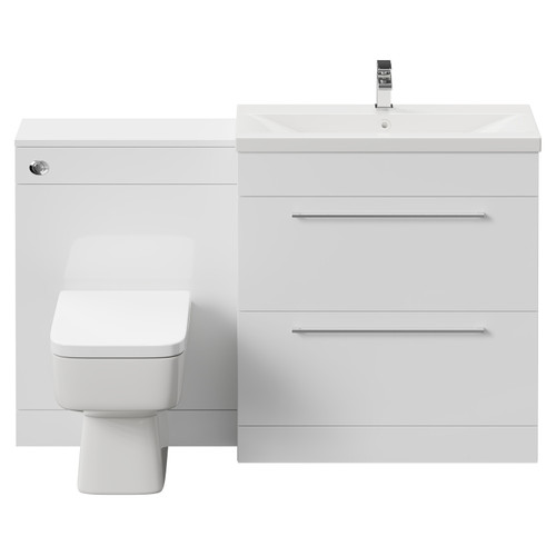Napoli Cento 390 Gloss White 1400mm Vanity Unit Toilet Suite with 1 Tap Hole Basin and 2 Drawers with Polished Chrome Handles Front View