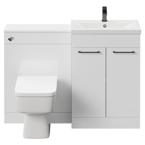 Napoli Cento 390 Gloss White 1200mm Wall Mounted Vanity Unit Toilet Suite with 1 Tap Hole Basin and 2 Drawers with Gunmetal Grey Handles Front View
