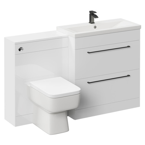 Napoli Cento 390 Gloss White 1400mm Vanity Unit Toilet Suite with 1 Tap Hole Basin and 2 Drawers with Gunmetal Grey Handles Left Hand View