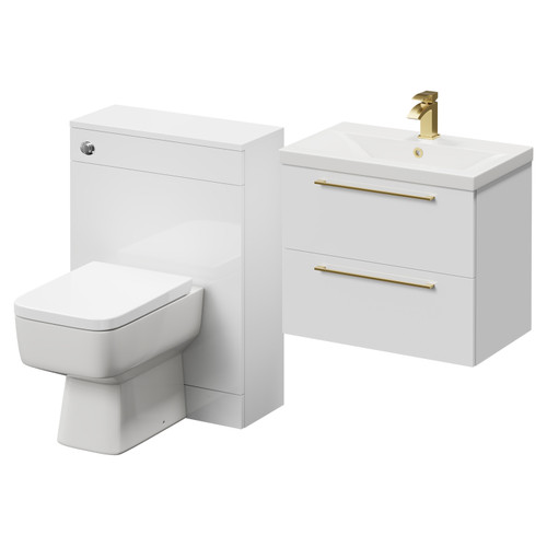 Napoli Cento 390 Gloss White 1200mm Vanity Unit Toilet Suite with 1 Tap Hole Basin and 2 Drawers with Brushed Brass Handles Right Hand View