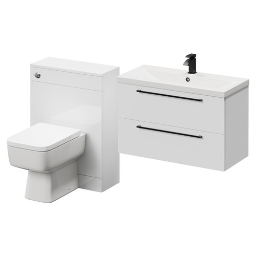 Napoli Cento 390 Gloss White 1400mm Wall Mounted Vanity Unit Toilet Suite with 1 Tap Hole Basin and 2 Drawers with Matt Black Handles Right Hand View
