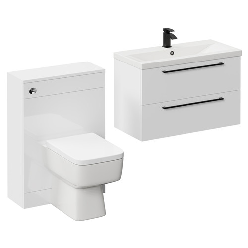Napoli Cento 390 Gloss White 1400mm Wall Mounted Vanity Unit Toilet Suite with 1 Tap Hole Basin and 2 Drawers with Matt Black Handles Left Hand View