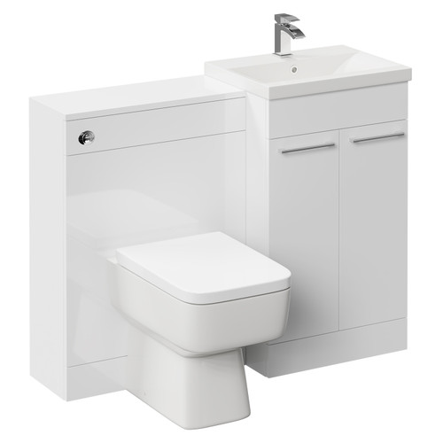 Napoli Cento Gloss White 1100mm Vanity Unit Toilet Suite with 1 Tap Hole Basin and 2 Doors with Polished Chrome Handles Left Hand View