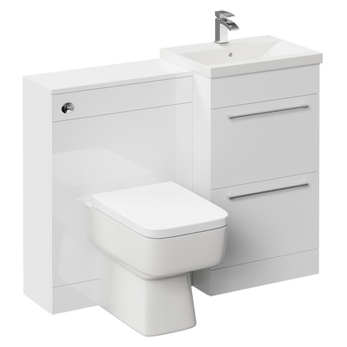 Napoli Cento Gloss White 1100mm Vanity Unit Toilet Suite with 1 Tap Hole Basin and 2 Drawers with Polished Chrome Handles Left Hand View