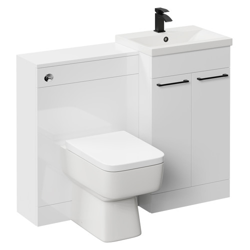 Napoli Cento Gloss White 1100mm Vanity Unit Toilet Suite with 1 Tap Hole Basin and 2 Doors with Matt Black Handles Left Hand View