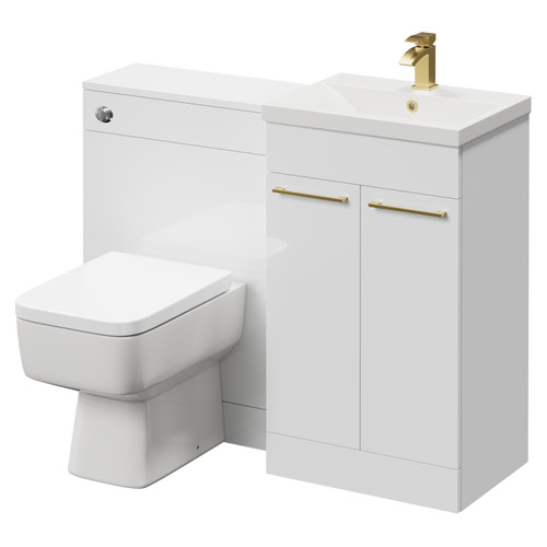 Napoli Cento Gloss White 1100mm Vanity Unit Toilet Suite with 1 Tap Hole Basin and 2 Doors with Brushed Brass Handles Right Hand View