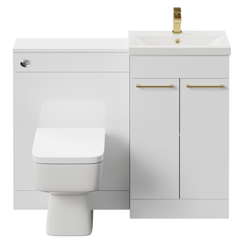 Napoli Cento Gloss White 1100mm Vanity Unit Toilet Suite with 1 Tap Hole Basin and 2 Doors with Brushed Brass Handles Front View