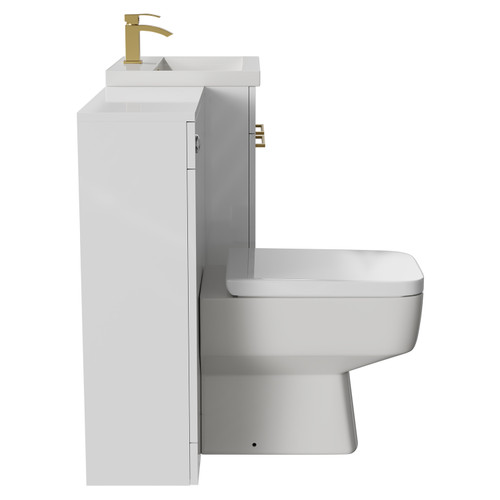 Napoli Cento Gloss White 1100mm Vanity Unit Toilet Suite with 1 Tap Hole Basin and 2 Doors with Brushed Brass Handles Side View