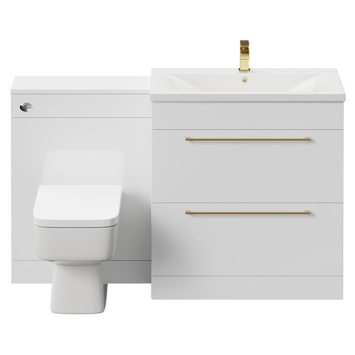 Napoli Cento Gloss White 1400mm Vanity Unit Toilet Suite with 1 Tap Hole Basin and 2 Drawers with Brushed Brass Handles Front View