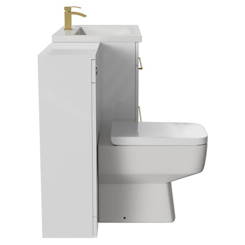 Napoli Cento Gloss White 1400mm Vanity Unit Toilet Suite with 1 Tap Hole Basin and 2 Drawers with Brushed Brass Handles Side View
