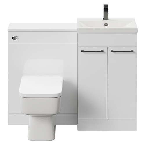 Napoli Cento Gloss White 1100mm Vanity Unit Toilet Suite with 1 Tap Hole Basin and 2 Doors with Gunmetal Grey Handles Front View