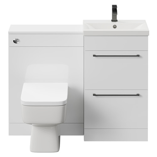 Napoli Cento Gloss White 1100mm Vanity Unit Toilet Suite with 1 Tap Hole Basin and 2 Drawers with Gunmetal Grey Handles Front View