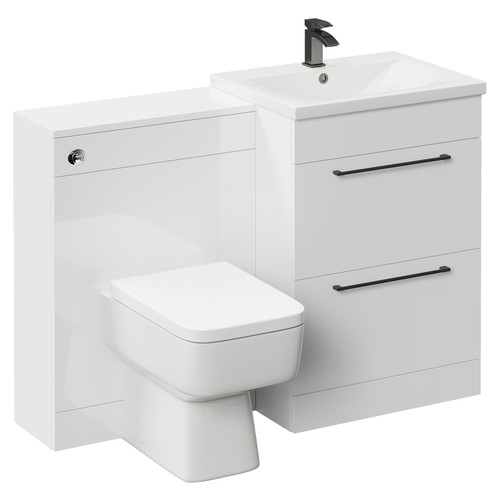 Napoli Cento Gloss White 1200mm Vanity Unit Toilet Suite with 1 Tap Hole Basin and 2 Drawers with Gunmetal Grey Handles Left Hand View