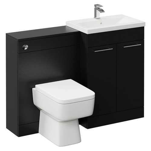 Napoli Cento 390 Nero Oak 1200mm Wall Mounted Vanity Unit Toilet Suite with 1 Tap Hole Basin and 2 Drawers with Polished Chrome Handles Left Hand View