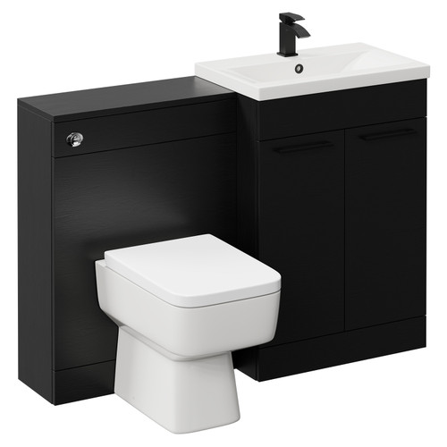 Napoli Cento 390 Nero Oak 1200mm Wall Mounted Vanity Unit Toilet Suite with 1 Tap Hole Basin and 2 Drawers with Matt Black Handles Left Hand View