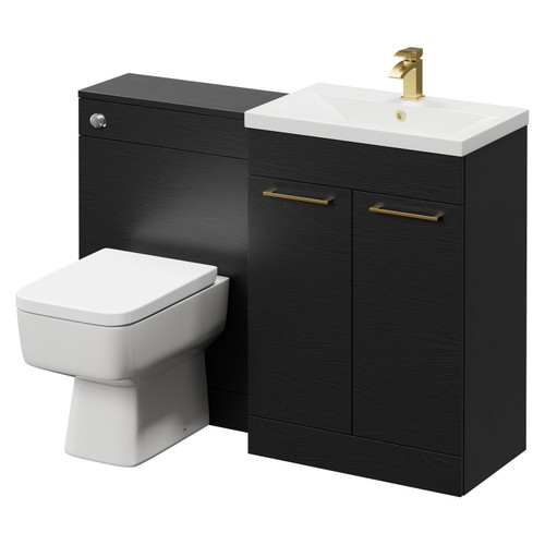 Napoli Cento 390 Nero Oak 1200mm Wall Mounted Vanity Unit Toilet Suite with 1 Tap Hole Basin and 2 Drawers with Brushed Brass Handles Right Hand View