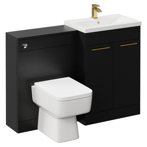 Napoli Cento 390 Nero Oak 1200mm Wall Mounted Vanity Unit Toilet Suite with 1 Tap Hole Basin and 2 Drawers with Brushed Brass Handles Left Hand View