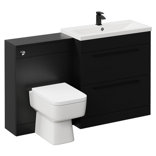 Napoli Cento 390 Nero Oak 1400mm Vanity Unit Toilet Suite with 1 Tap Hole Basin and 2 Drawers with Matt Black Handles Left Hand View