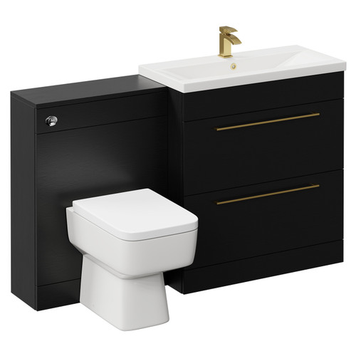 Napoli Cento 390 Nero Oak 1400mm Vanity Unit Toilet Suite with 1 Tap Hole Basin and 2 Drawers with Brushed Brass Handles Left Hand View