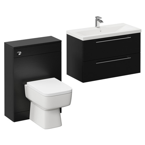 Napoli Cento 390 Nero Oak 1400mm Wall Mounted Vanity Unit Toilet Suite with 1 Tap Hole Basin and 2 Drawers with Polished Chrome Handles Left Hand View