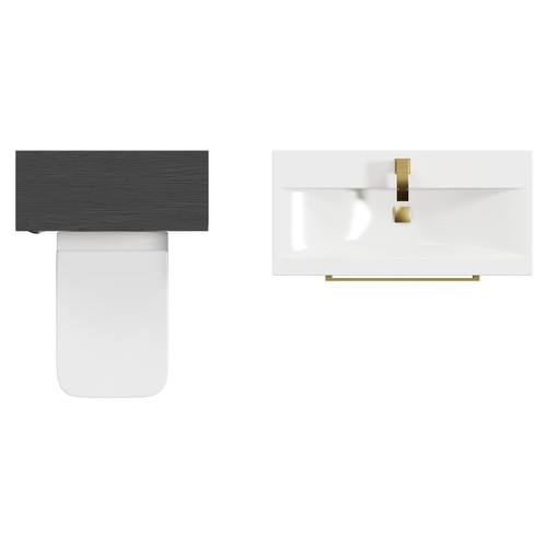 Napoli Cento 390 Nero Oak 1400mm Wall Mounted Vanity Unit Toilet Suite with 1 Tap Hole Basin and 2 Drawers with Brushed Brass Handles Top Down View