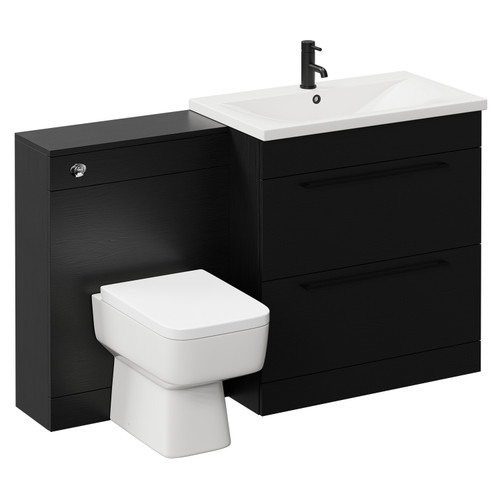 Napoli Cento Nero Oak 1400mm Vanity Unit Toilet Suite with 1 Tap Hole Basin and 2 Drawers with Matt Black Handles Left Hand View
