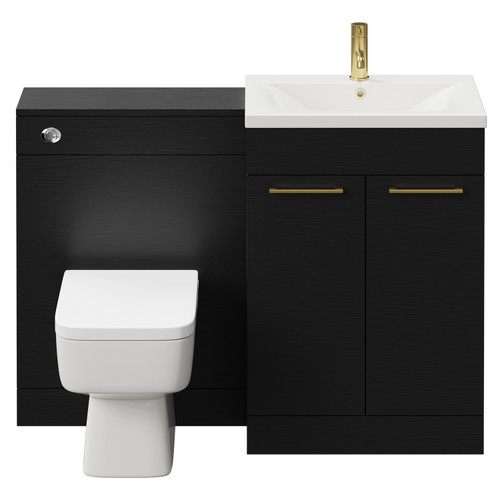 Napoli Cento Nero Oak 1200mm Vanity Unit Toilet Suite with 1 Tap Hole Basin and 2 Doors with Brushed Brass Handles Front View