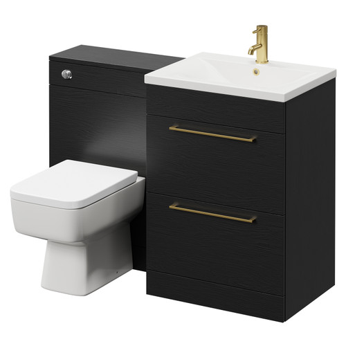 Napoli Cento Nero Oak 1200mm Vanity Unit Toilet Suite with 1 Tap Hole Basin and 2 Drawers with Brushed Brass Handles Right Hand View