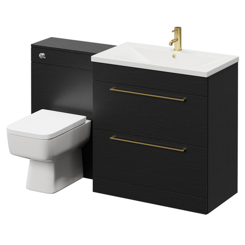 Napoli Cento Nero Oak 1400mm Vanity Unit Toilet Suite with 1 Tap Hole Basin and 2 Drawers with Brushed Brass Handles Right Hand View