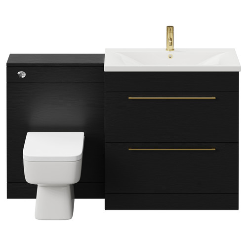 Napoli Cento Nero Oak 1400mm Vanity Unit Toilet Suite with 1 Tap Hole Basin and 2 Drawers with Brushed Brass Handles Front View
