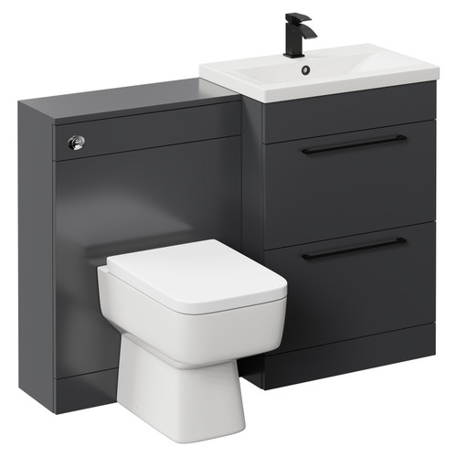 Napoli Cento 390 Gloss Grey 1200mm Vanity Unit Toilet Suite with 1 Tap Hole Basin and 2 Doors with Matt Black Handles Left Hand View