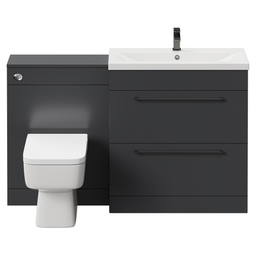 Napoli Cento 390 Gloss Grey 1400mm Vanity Unit Toilet Suite with 1 Tap Hole Basin and 2 Drawers with Gunmetal Grey Handles Front View