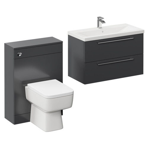 Napoli Cento 390 Gloss Grey 1400mm Wall Mounted Vanity Unit Toilet Suite with 1 Tap Hole Basin and 2 Drawers with Polished Chrome Handles Left Hand View